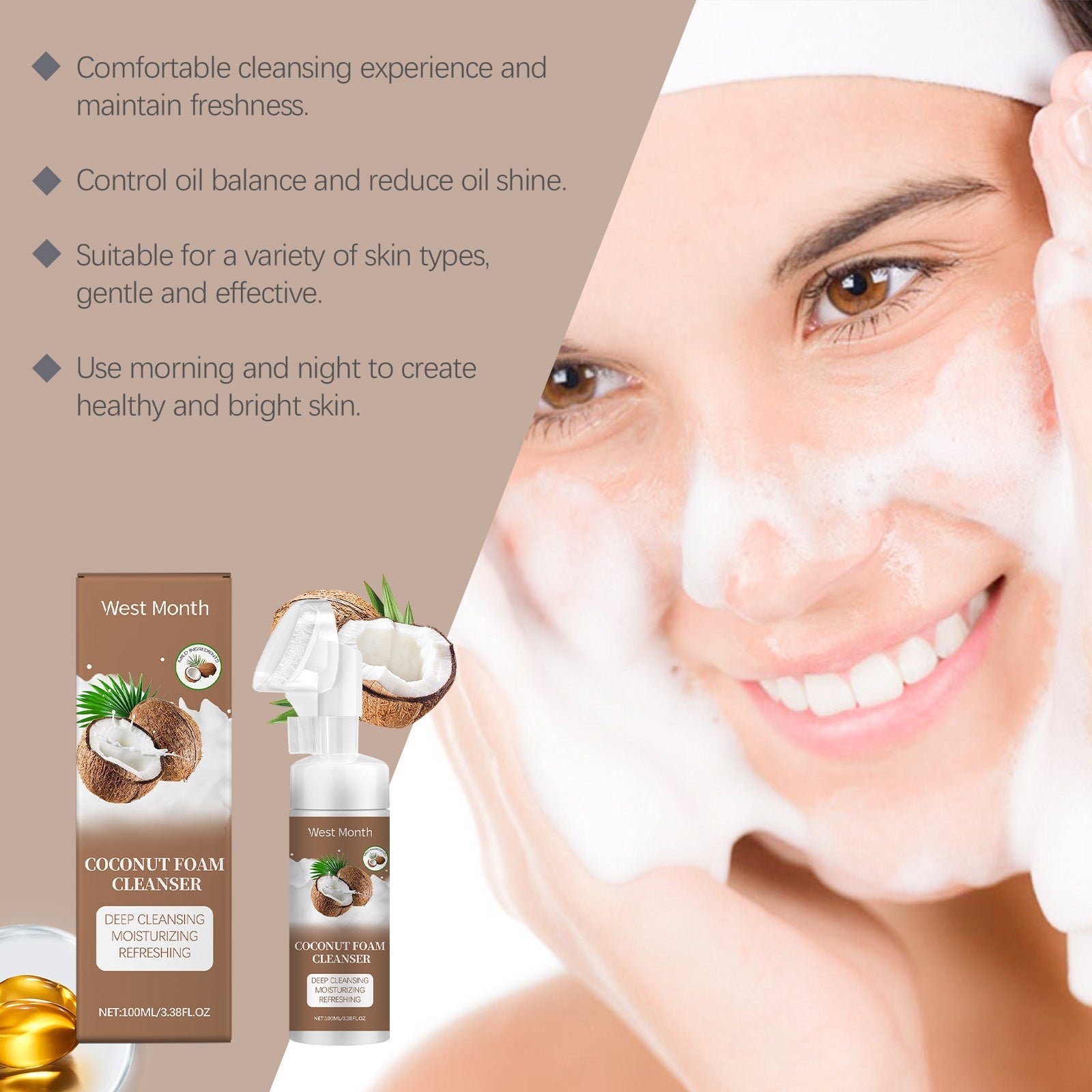 West&Month Coconut Foam Cleanser Gentle Pore Cleanser Refreshing Moist Cleanser