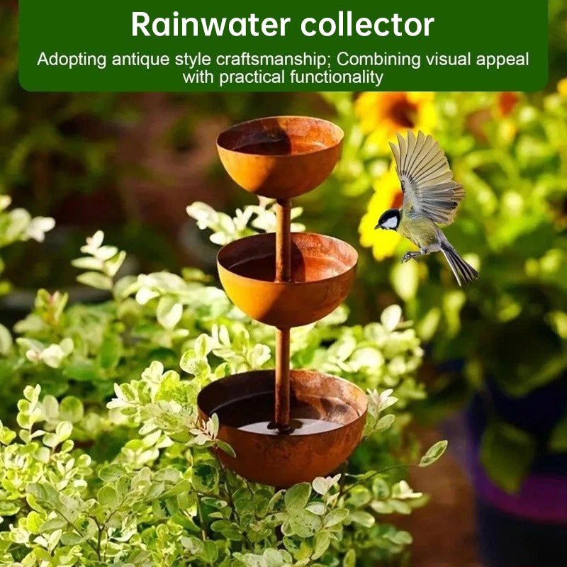 3-Tier Vintage Rustic Metal Bird Watering Station | 3-Tier Rusty Iron Garden Water Collector Feeder, Outdoor Garden Patio Decor
